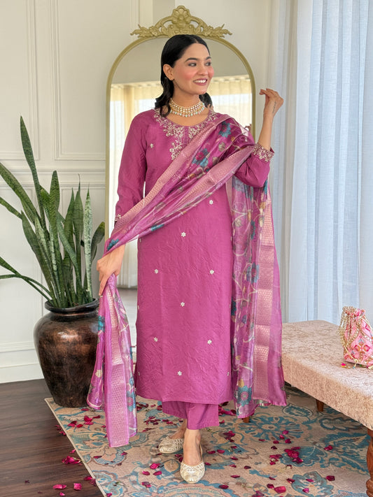 Elevate your style with this elegant mauve kurti set, adorned with delicate embroidery and a beautifully printed dupatta