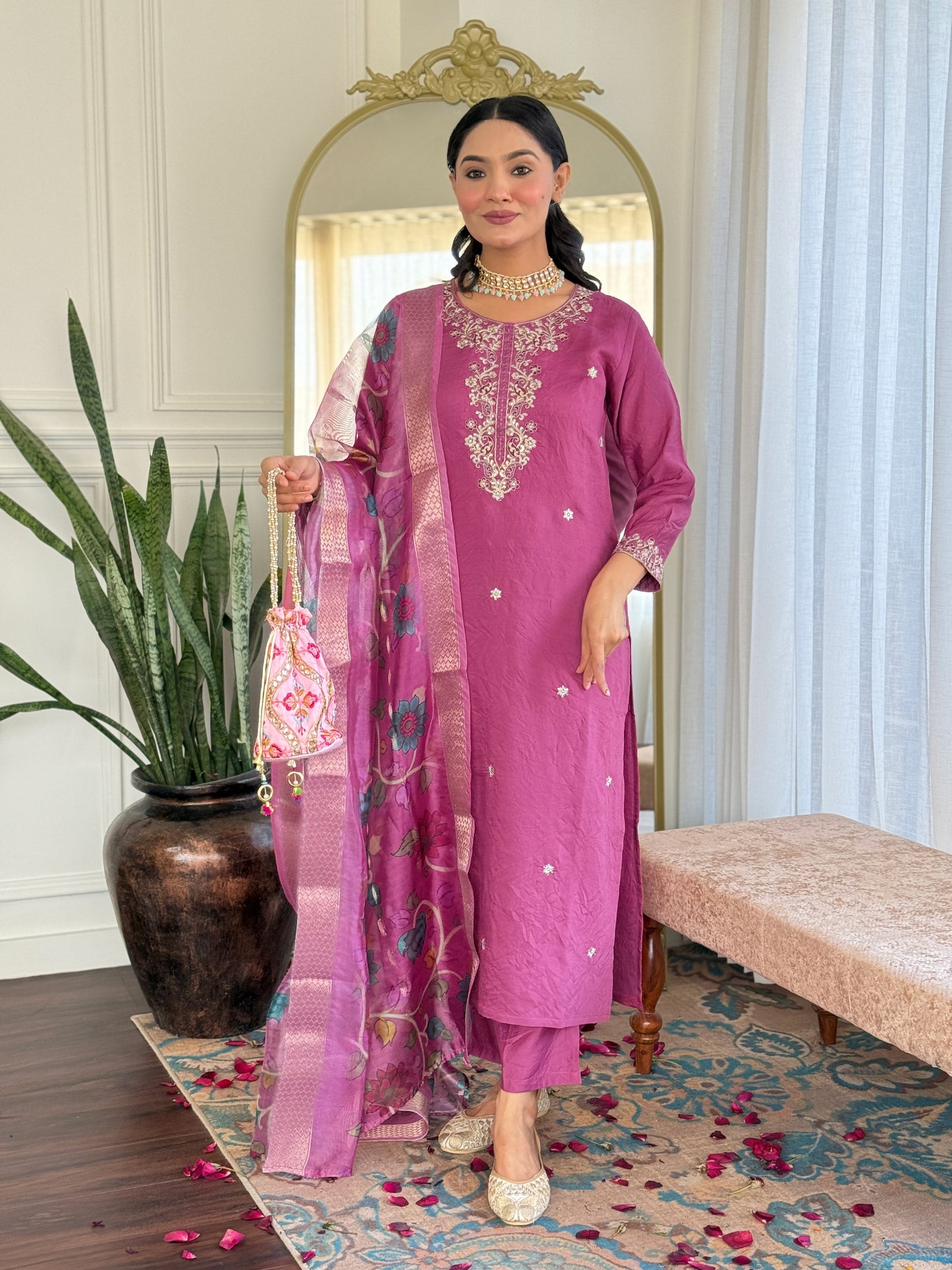 Elevate your style with this elegant mauve kurti set, adorned with delicate embroidery and a beautifully printed dupatta
