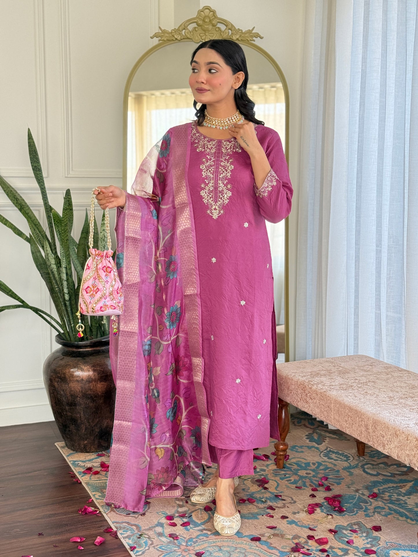 Elevate your style with this elegant mauve kurti set, adorned with delicate embroidery and a beautifully printed dupatta
