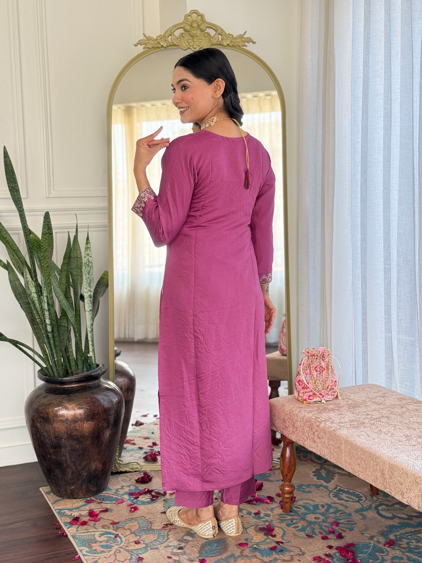 Elevate your style with this elegant mauve kurti set, adorned with delicate embroidery and a beautifully printed dupatta