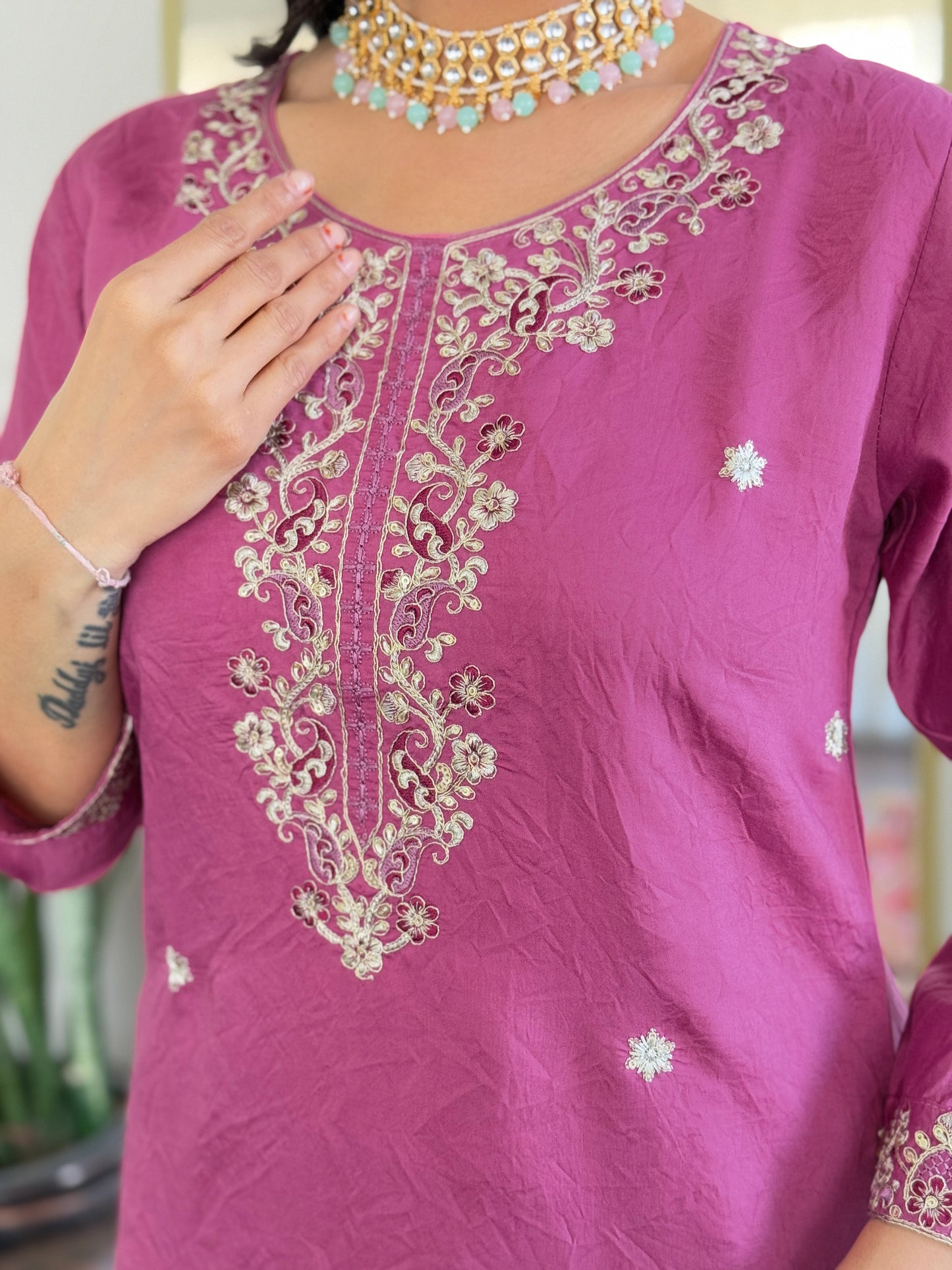Elevate your style with this elegant mauve kurti set, adorned with delicate embroidery and a beautifully printed dupatta