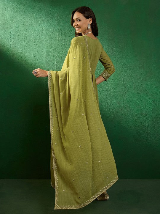 Flowy and elegant, this olive-green kurti set is a blend of comfort and style. Designed with delicate embroidery and paired with a lightweight dupatta
