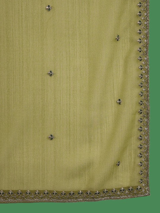 Flowy and elegant, this olive-green kurti set is a blend of comfort and style. Designed with delicate embroidery and paired with a lightweight dupatta