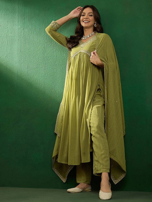 Flowy and elegant, this olive-green kurti set is a blend of comfort and style. Designed with delicate embroidery and paired with a lightweight dupatta