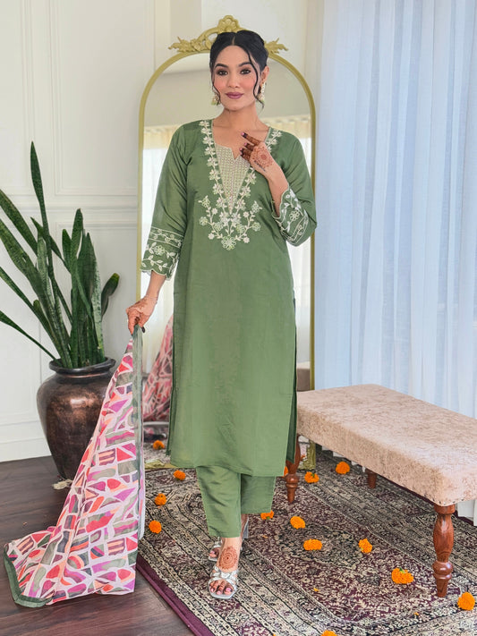 Embrace elegance with this sage green kurti set, beautifully adorned with delicate white embroidery. The soft fabric and intricate detailing make it perfect for any occasion