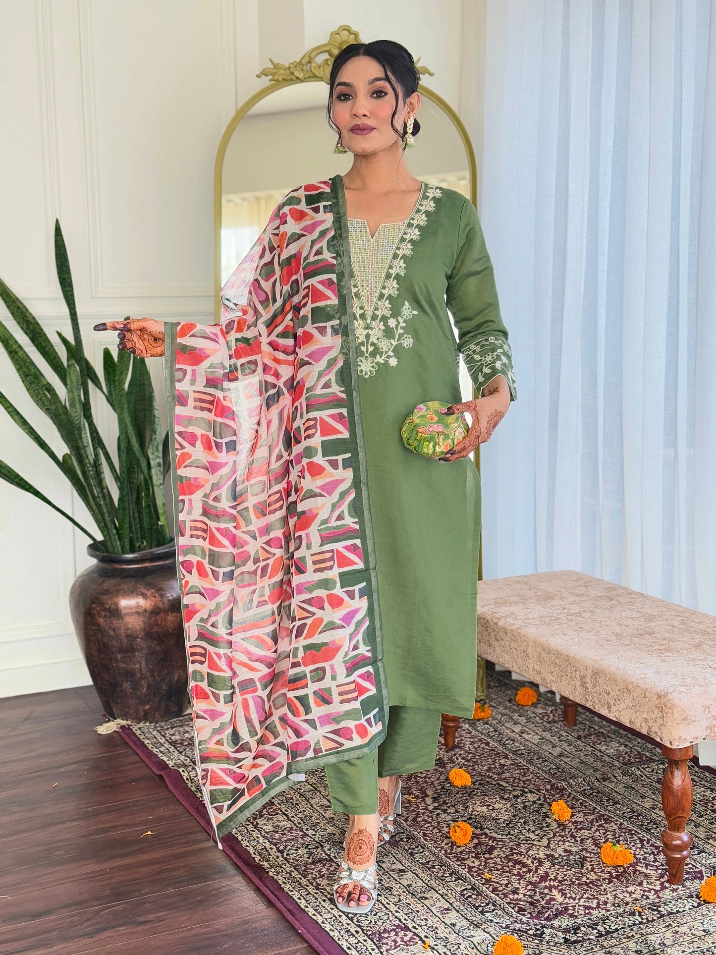 Embrace elegance with this sage green kurti set, beautifully adorned with delicate white embroidery. The soft fabric and intricate detailing make it perfect for any occasion