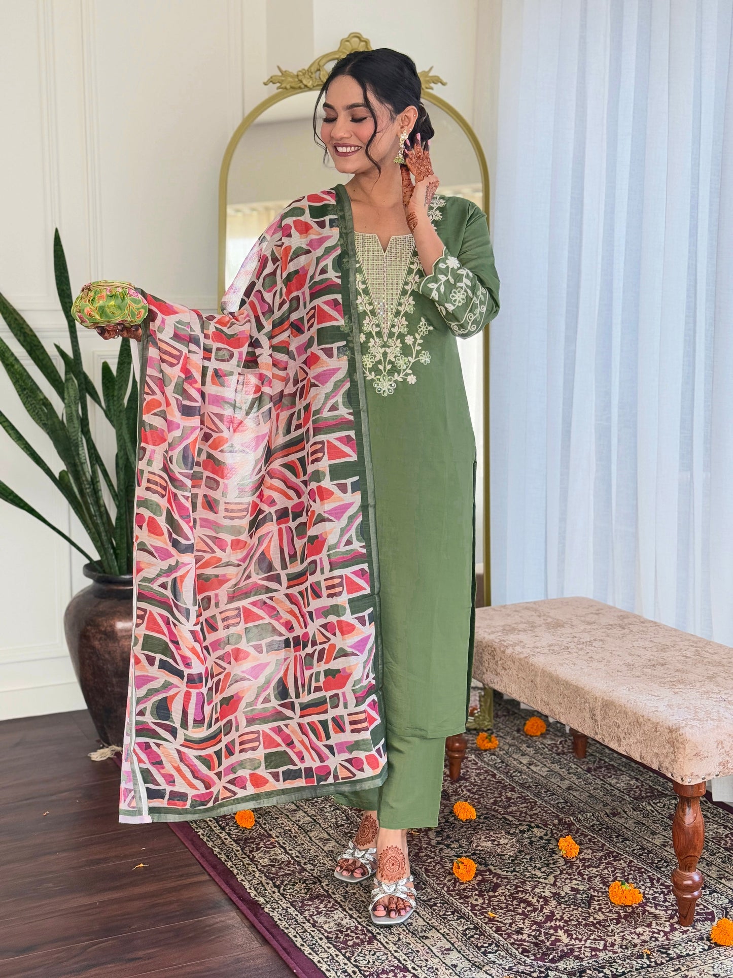 Embrace elegance with this sage green kurti set, beautifully adorned with delicate white embroidery. The soft fabric and intricate detailing make it perfect for any occasion