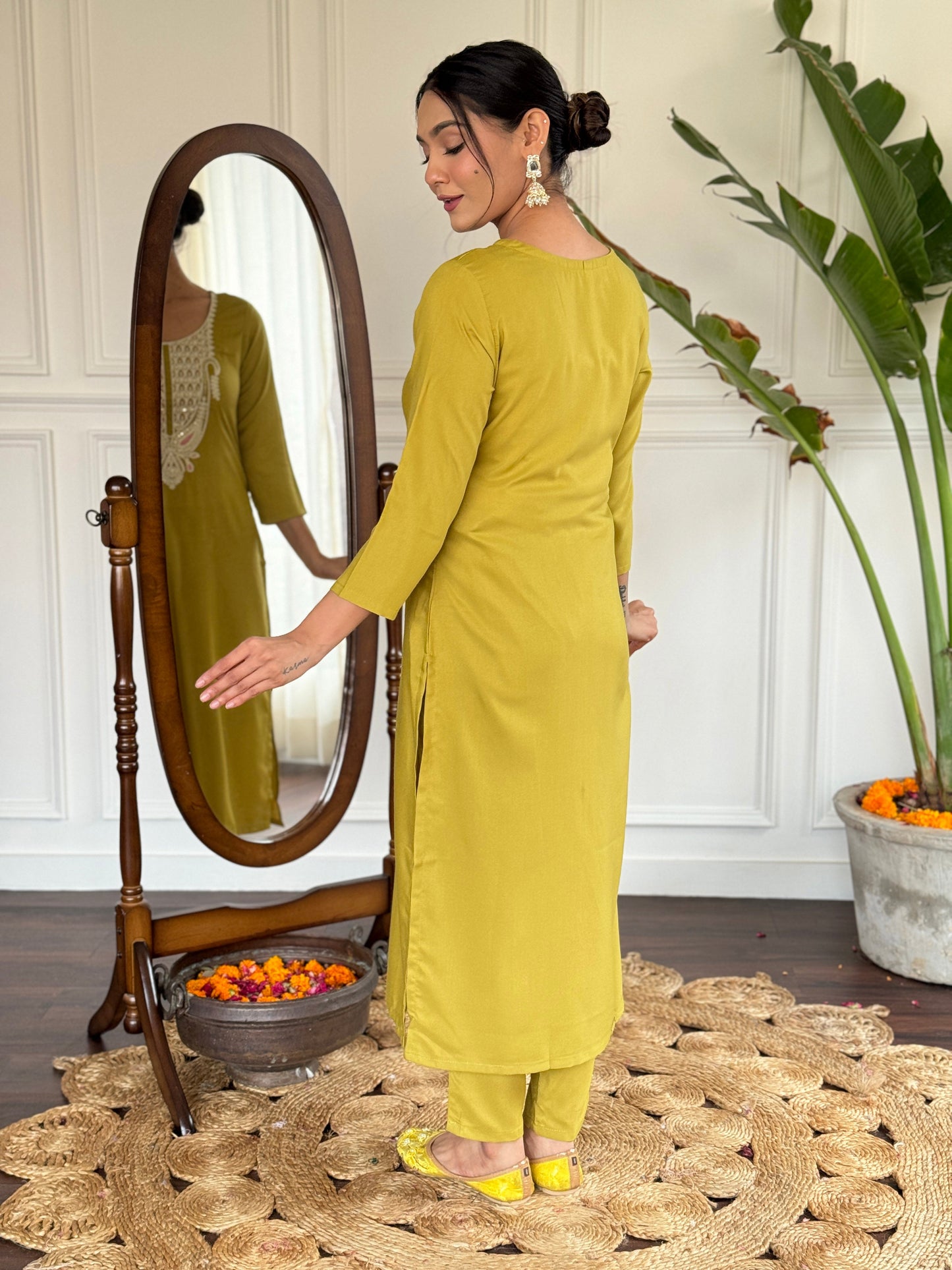 Elevate your style with this sophisticated navy blue kurti set, featuring intricate white embroidery on the neckline
