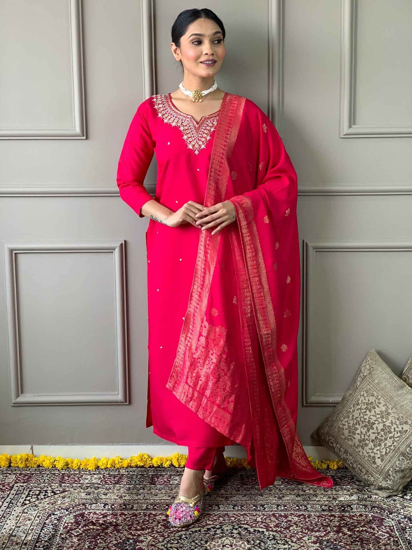 Drape yourself in elegance with this vibrant red kurti set, featuring exquisite embroidery and a rich Banarasi dupatta