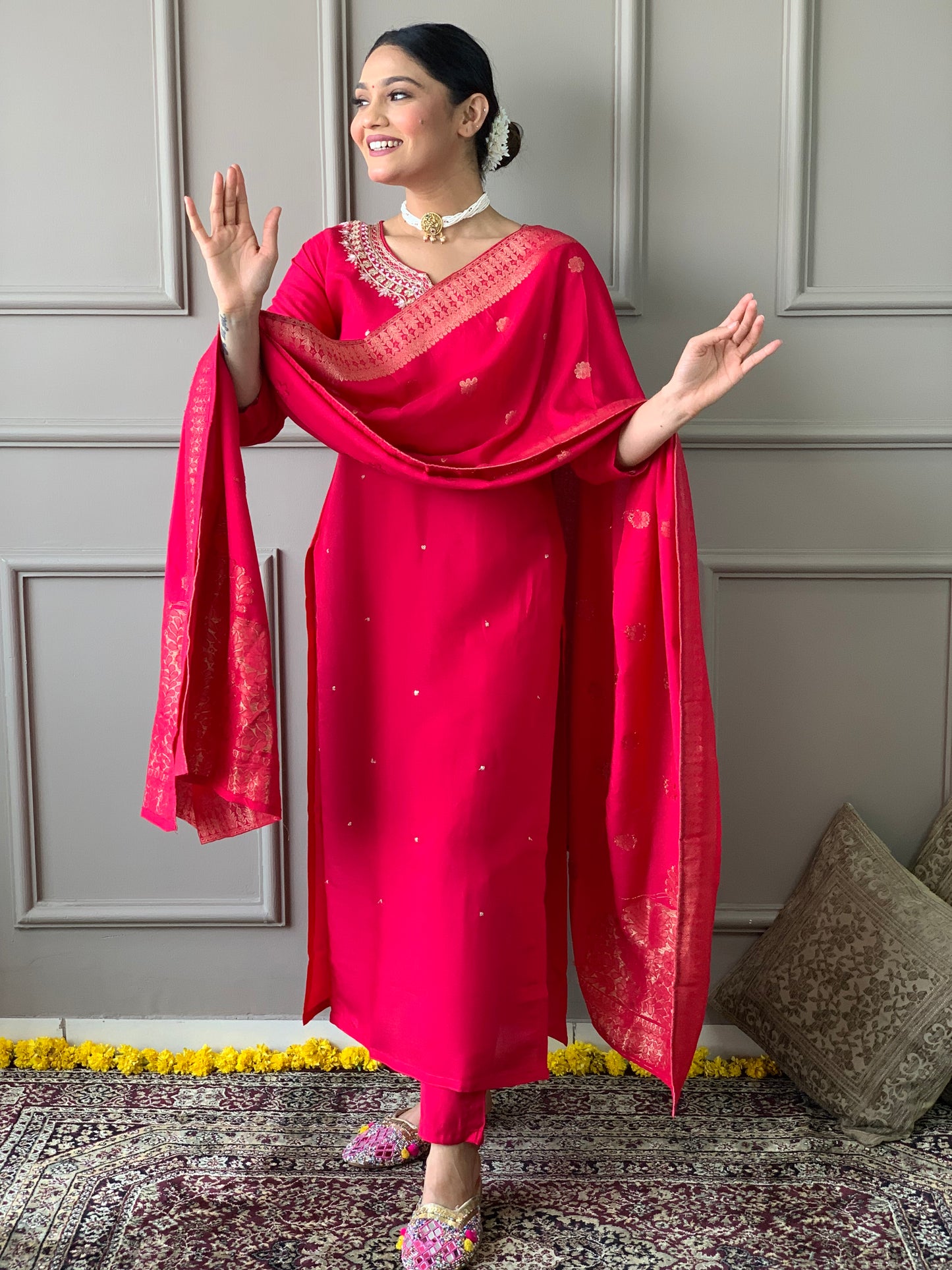 Drape yourself in elegance with this vibrant red kurti set, featuring exquisite embroidery and a rich Banarasi dupatta