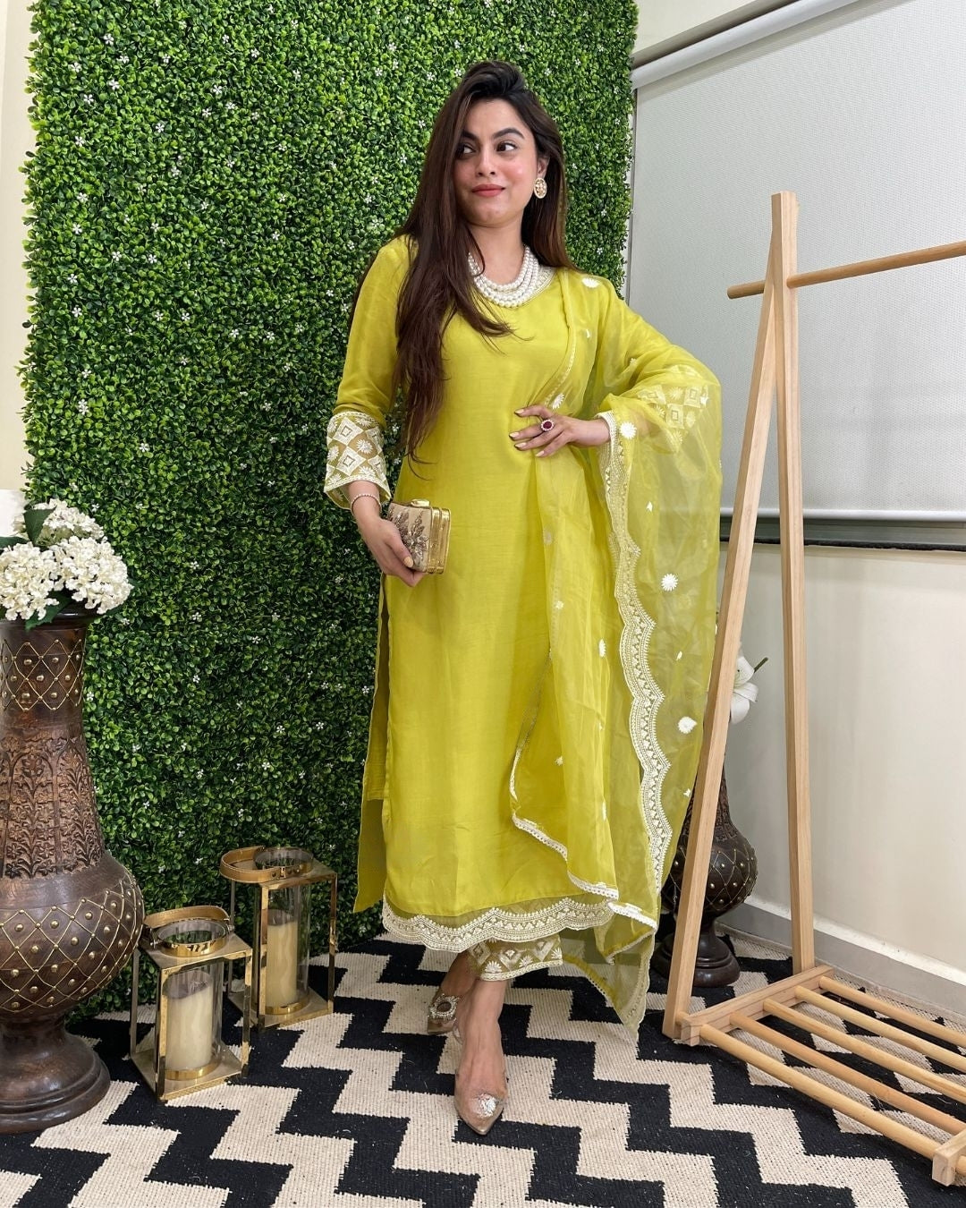 Step into timeless elegance with this vibrant green kurti set, featuring intricate mirror work and a stunning bandhani dupatta