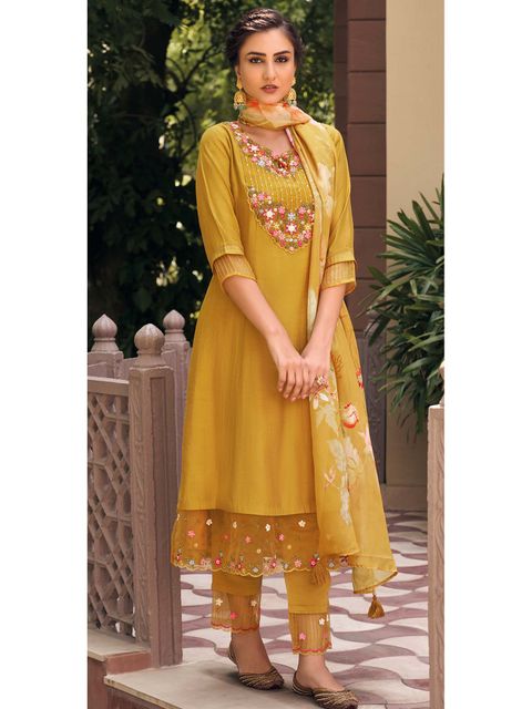 Embrace elegance with this enchanting green kurti set, adorned with delicate floral embroidery and a flowy printed dupatta. The intricate details add a touch of sophistication, making it perfect for festive and casual wear