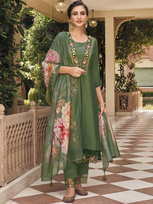 Embrace elegance with this enchanting green kurti set, adorned with delicate floral embroidery and a flowy printed dupatta. The intricate details add a touch of sophistication, making it perfect for festive and casual wear