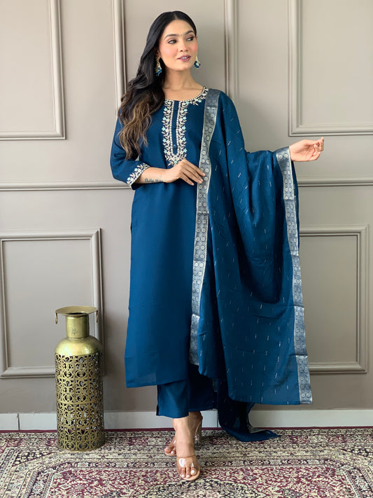 Elevate your style with this elegant blue kurti set, featuring intricate embroidery and a graceful dupatta. Perfect for festive occasions or casual elegance,