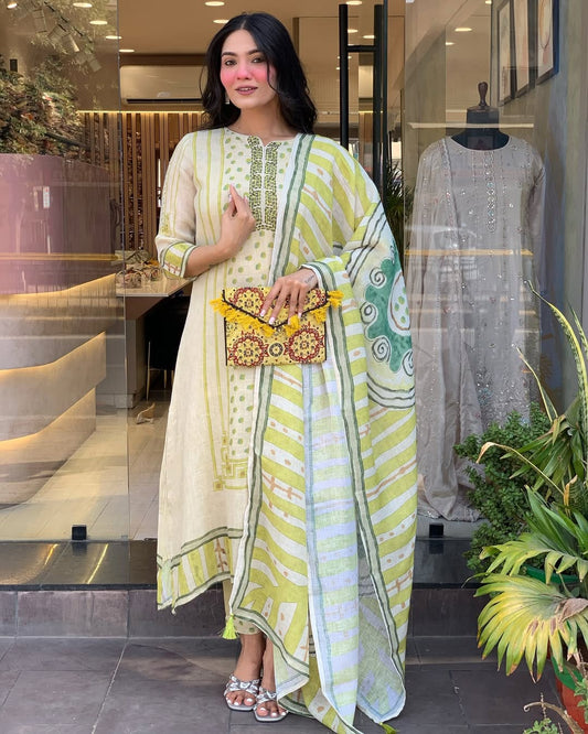 Brighten your wardrobe with this charming pastel green kurti set featuring playful polka dot prints and fine embroidery. Paired with a striped dupatta and matching pants, it's perfect for a light, breezy, and elegant daytime look.
