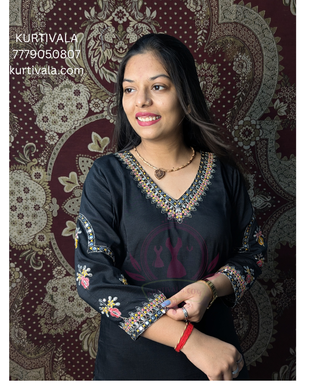 Elegant black kurti set adorned with intricate embroidery and a stylish printed dupatta. Perfect for festive occasions and casual gatherings, offering a blend of traditional charm and modern sophistication