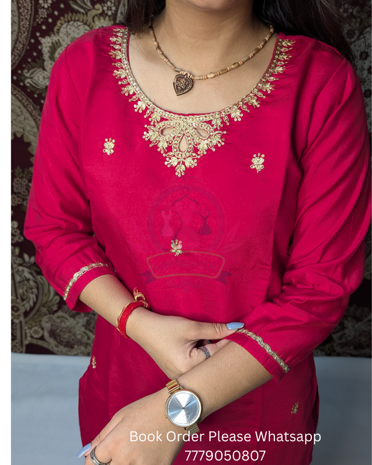 Radiate elegance in this stunning pink kurti set, adorned with delicate embroidery and paired with a regal zari-bordered dupatta