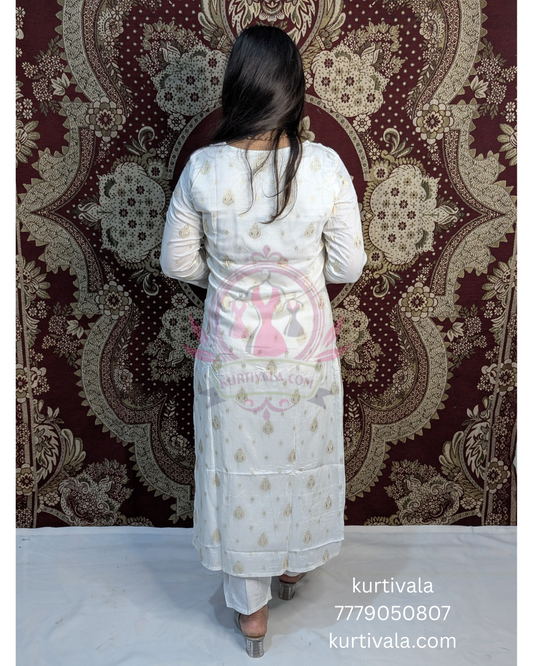 This soft pastel kurti set brings grace and charm with delicate embroidery on the neckline and a vibrant floral dupatta with golden zari borders. Ideal for festive wear or special occasions, it blends elegance with comfort effortlessly