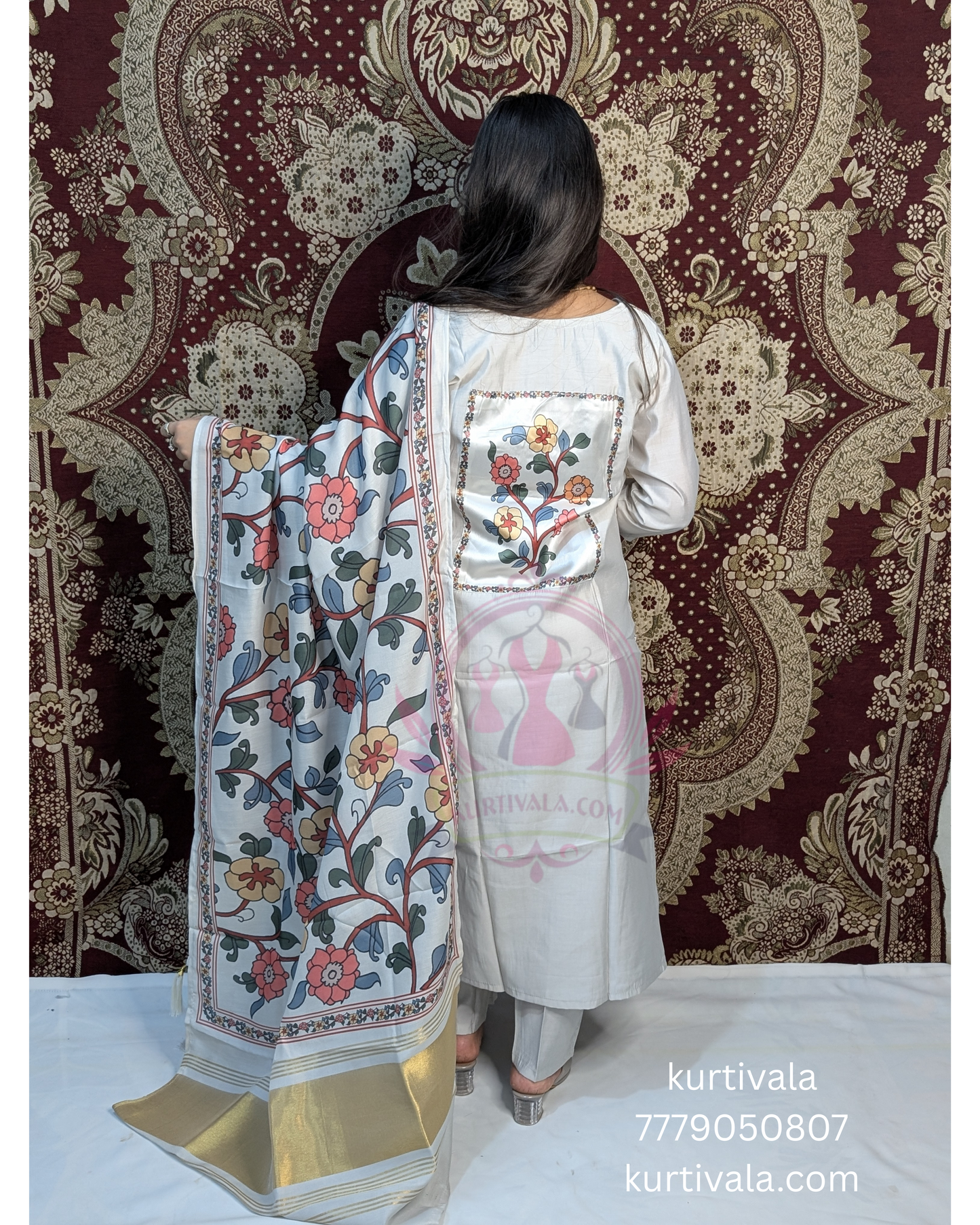 This soft pastel kurti set brings grace and charm with delicate embroidery on the neckline and a vibrant floral dupatta with golden zari borders. Ideal for festive wear or special occasions, it blends elegance with comfort effortlessly