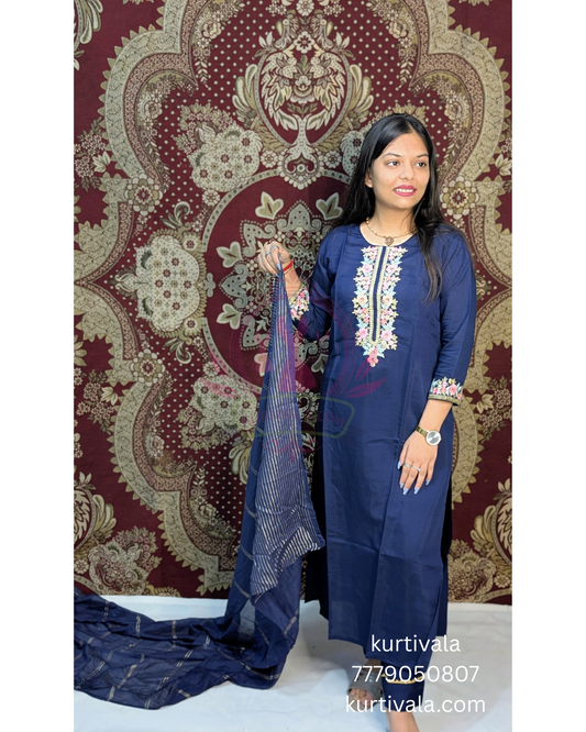 Elevate your ethnic style with this elegant navy blue kurti set featuring intricate floral embroidery on the front and sleeves. Paired with a matching dupatta, it's perfect for festive occasions or casual gatherings. Comfortable, stylish, and timeless.