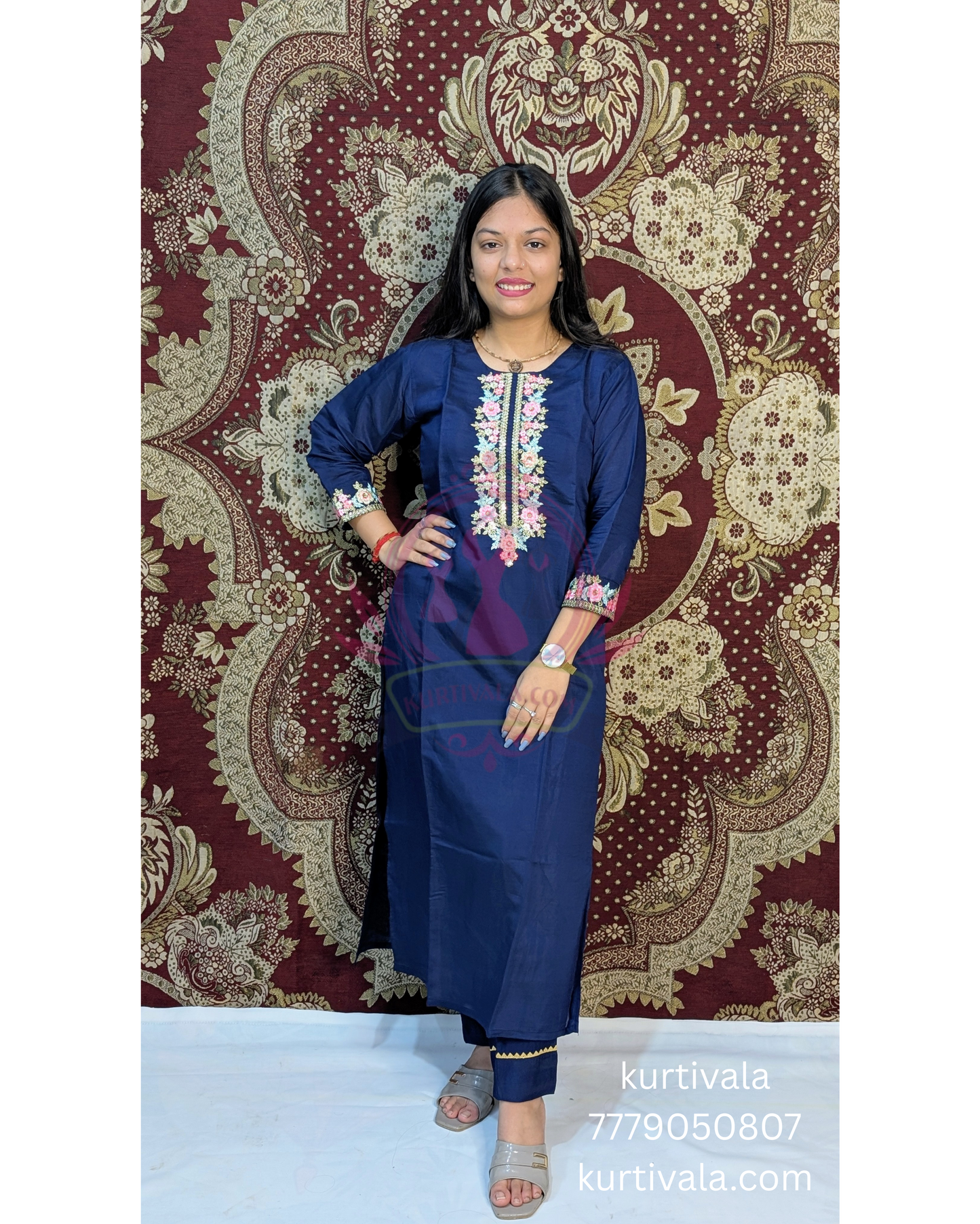 Elevate your ethnic style with this elegant navy blue kurti set featuring intricate floral embroidery on the front and sleeves. Paired with a matching dupatta, it's perfect for festive occasions or casual gatherings. Comfortable, stylish, and timeless.