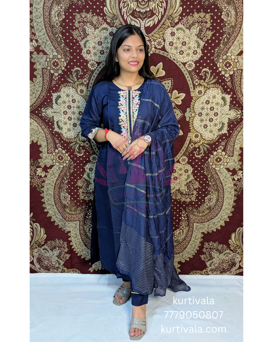 Elevate your ethnic style with this elegant navy blue kurti set featuring intricate floral embroidery on the front and sleeves. Paired with a matching dupatta, it's perfect for festive occasions or casual gatherings. Comfortable, stylish, and timeless.