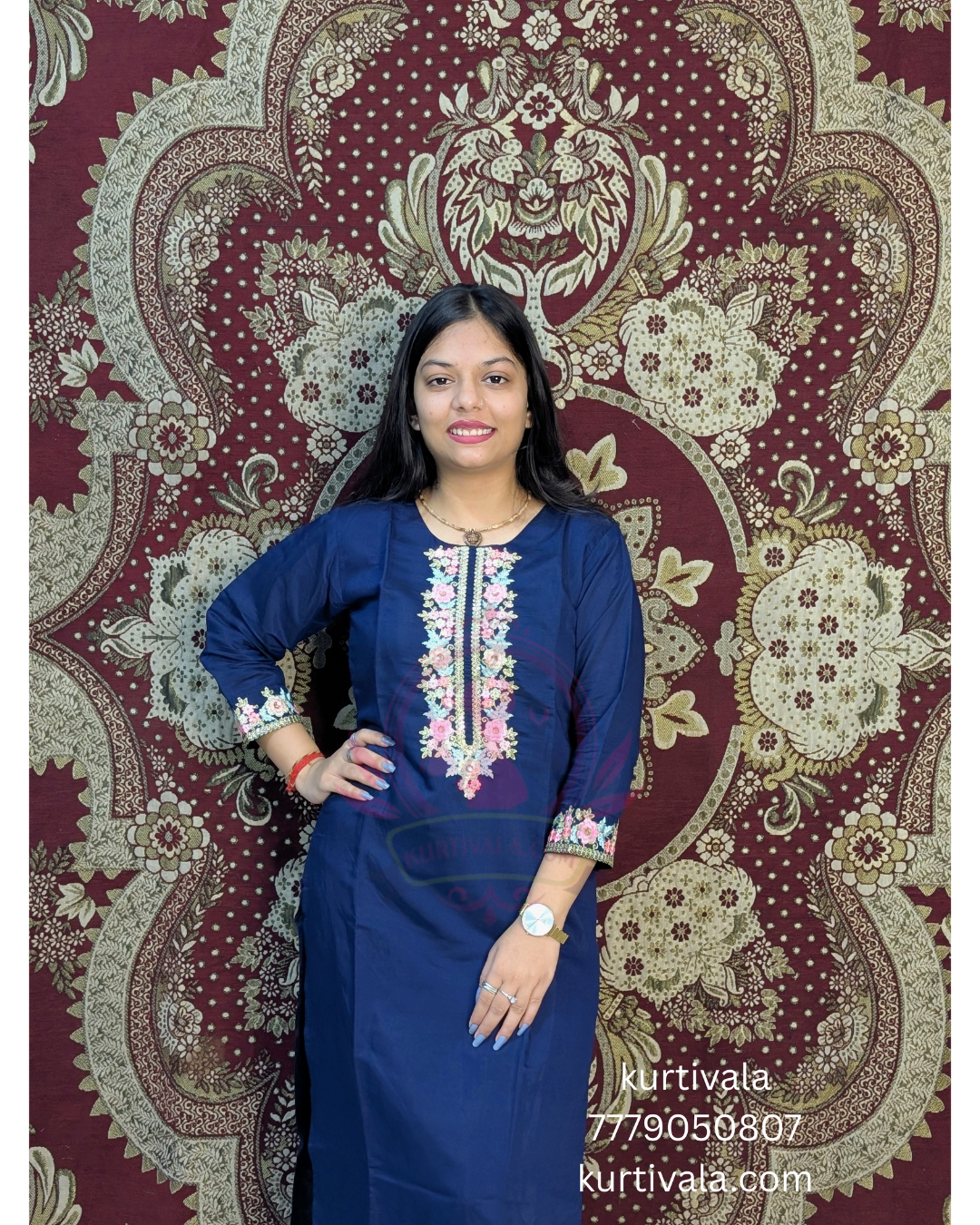 Elevate your ethnic style with this elegant navy blue kurti set featuring intricate floral embroidery on the front and sleeves. Paired with a matching dupatta, it's perfect for festive occasions or casual gatherings. Comfortable, stylish, and timeless.