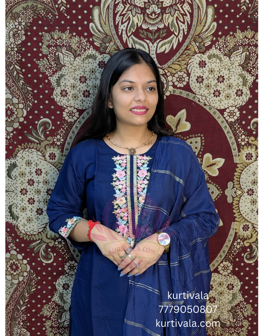 Elevate your ethnic style with this elegant navy blue kurti set featuring intricate floral embroidery on the front and sleeves. Paired with a matching dupatta, it's perfect for festive occasions or casual gatherings. Comfortable, stylish, and timeless.