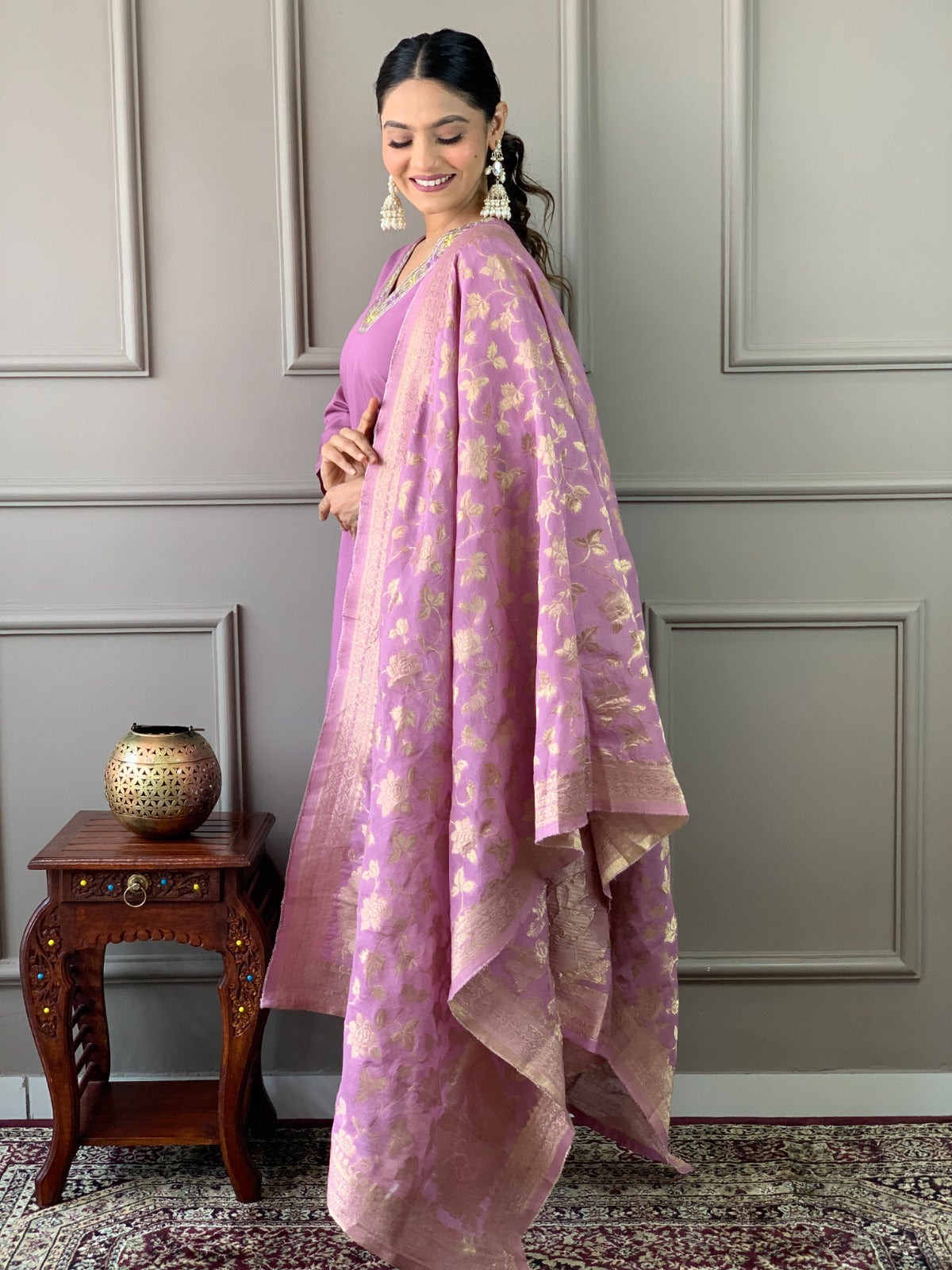 Embrace sophistication with this lime-green kurti set, featuring delicate floral embroidery and a luxurious Banarasi dupatta
