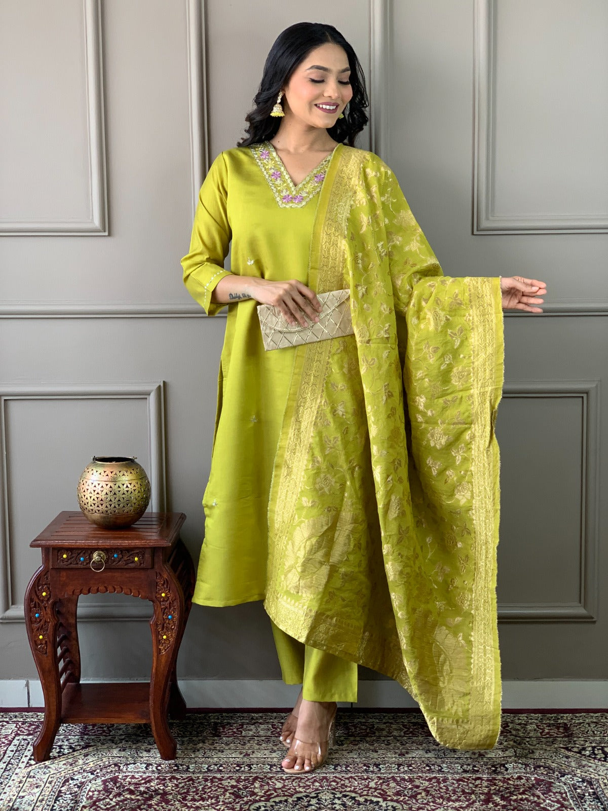 Embrace sophistication with this lime-green kurti set, featuring delicate floral embroidery and a luxurious Banarasi dupatta
