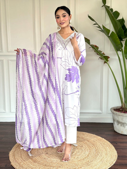Step into effortless elegance with this soft lavender and white kurti set