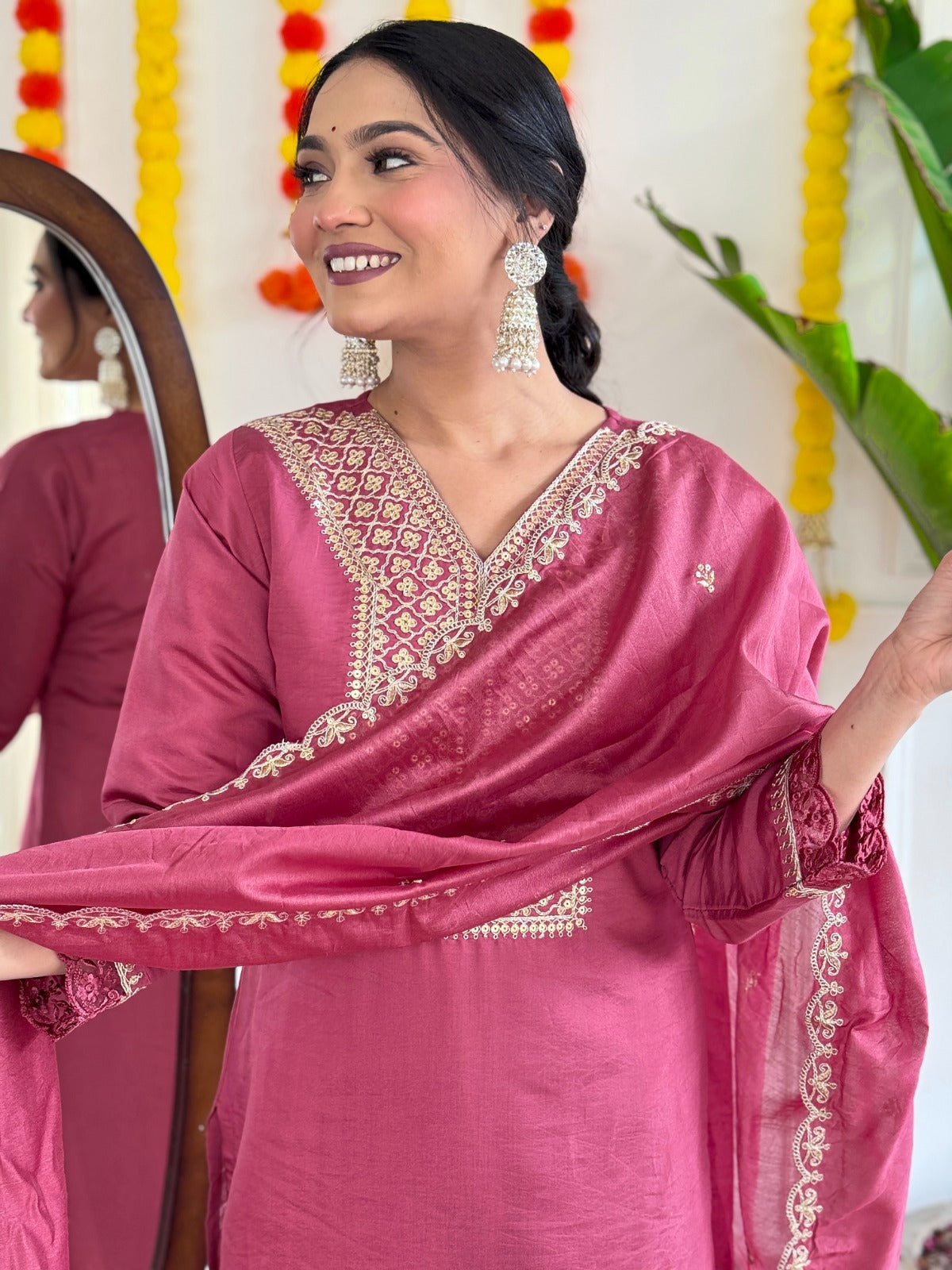 Elevate your ethnic style with this gorgeous rose-pink kurti set, featuring intricate embroidery and a delicate sheer dupatta