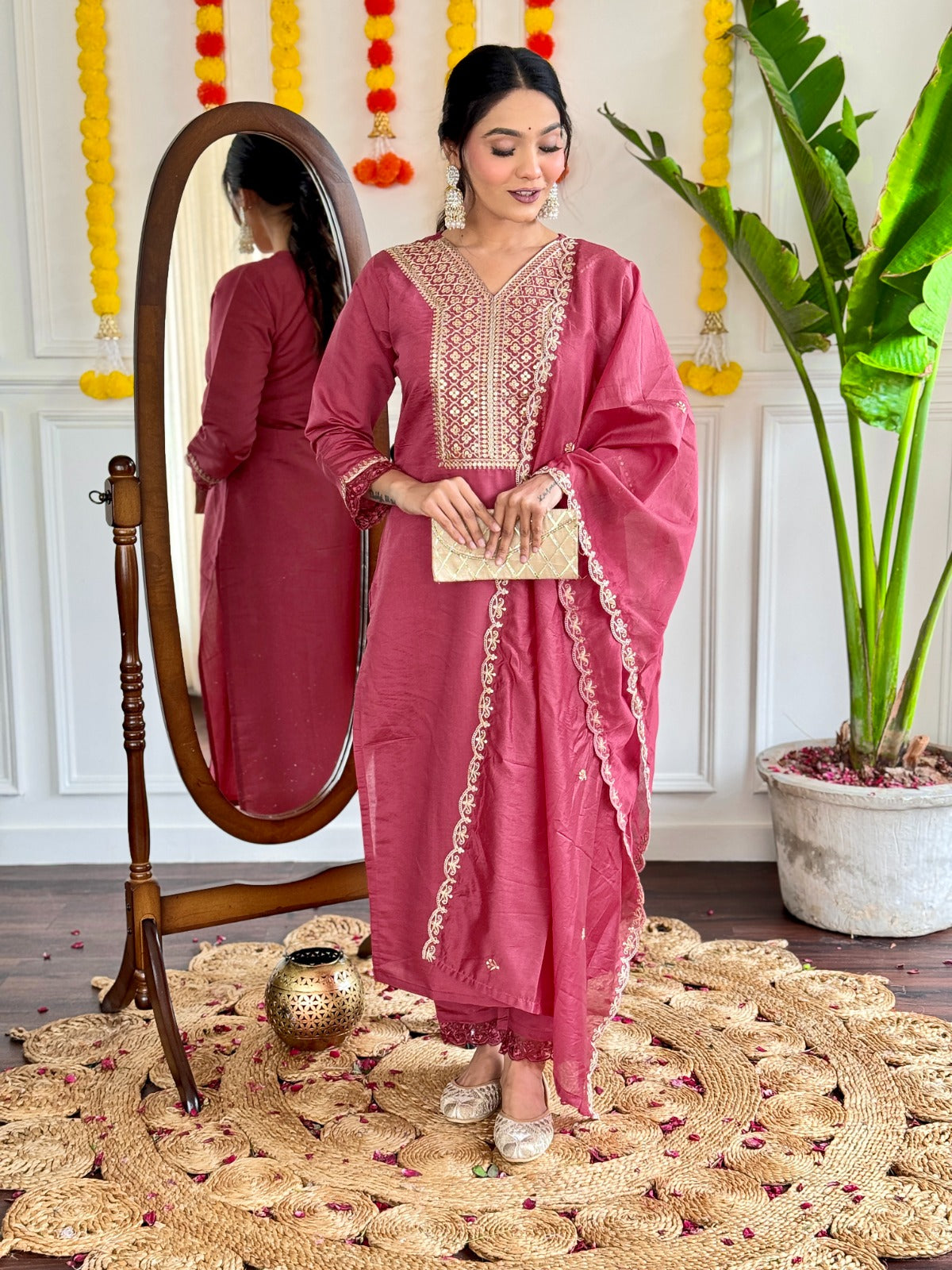 Elevate your ethnic style with this gorgeous rose-pink kurti set, featuring intricate embroidery and a delicate sheer dupatta