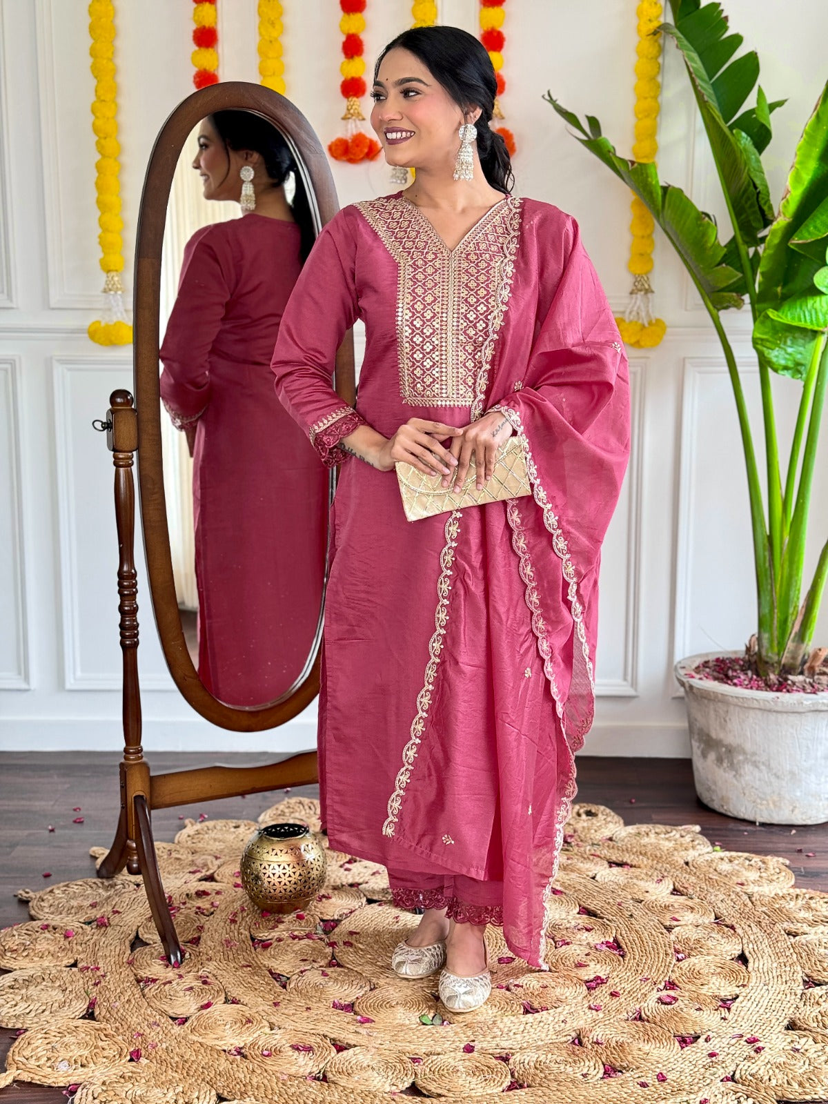 Elevate your ethnic style with this gorgeous rose-pink kurti set, featuring intricate embroidery and a delicate sheer dupatta