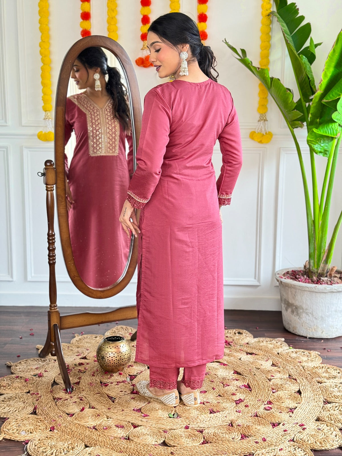 Elevate your ethnic style with this gorgeous rose-pink kurti set, featuring intricate embroidery and a delicate sheer dupatta