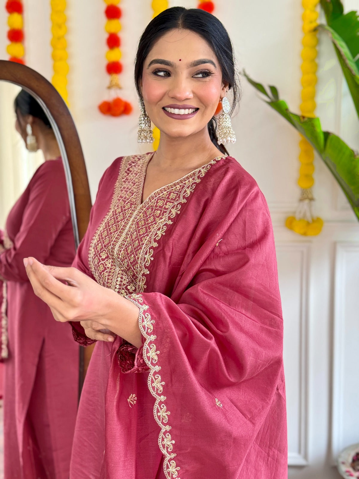 Elevate your ethnic style with this gorgeous rose-pink kurti set, featuring intricate embroidery and a delicate sheer dupatta