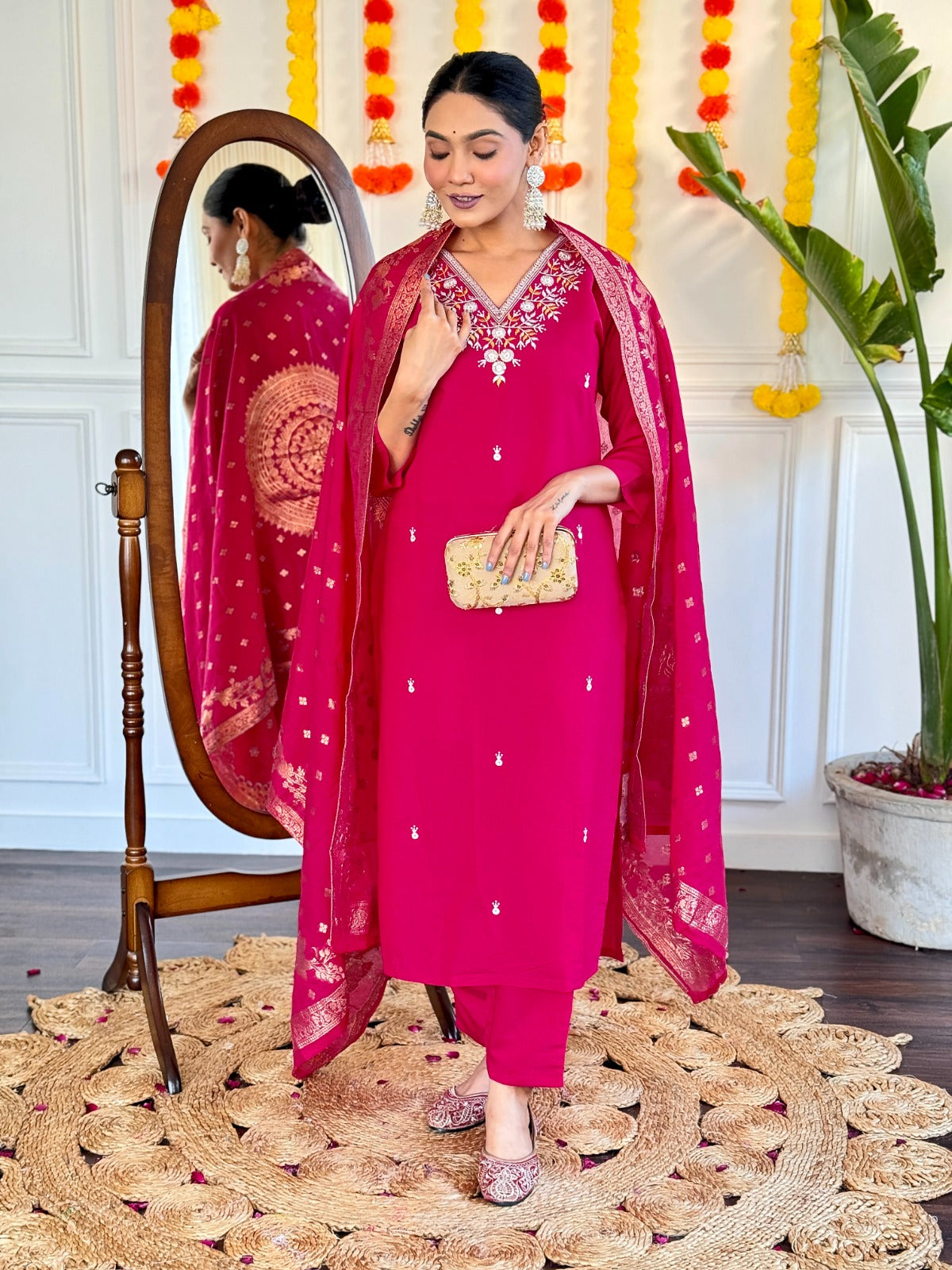Step into elegance with this exquisite red kurti set, featuring intricate embroidery and a beautifully adorned dupatta