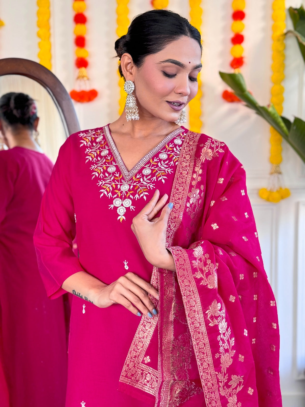 Step into elegance with this exquisite red kurti set, featuring intricate embroidery and a beautifully adorned dupatta