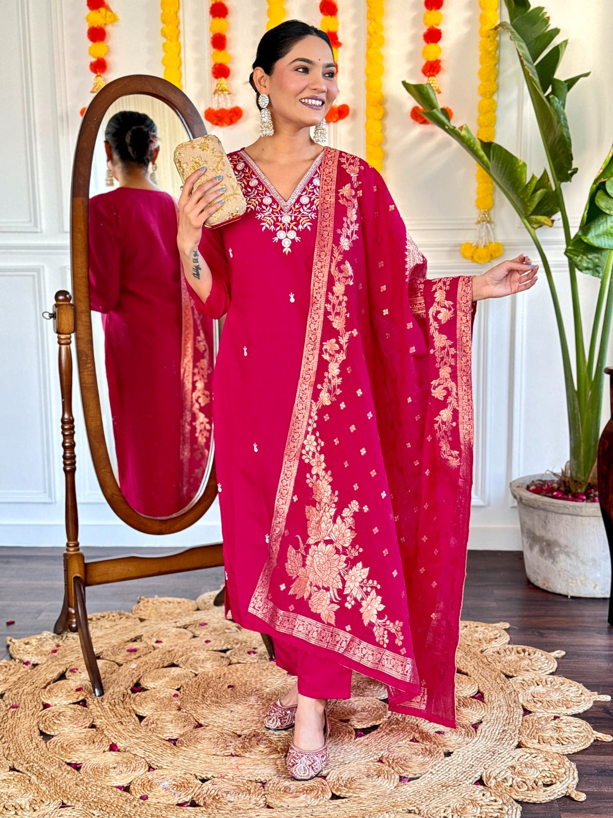 Step into elegance with this exquisite red kurti set, featuring intricate embroidery and a beautifully adorned dupatta