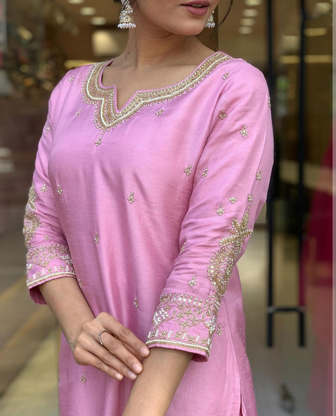 Elevate your style with this elegant maroon,Purpal and lighat pink kurti set, adorned with delicate embroidery and a rich, traditional dupatta