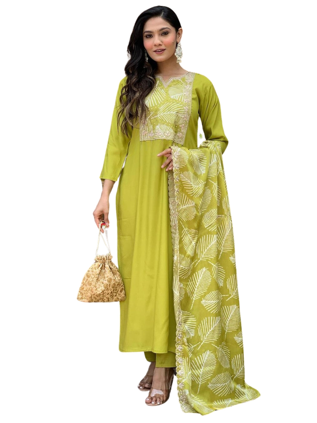 Embrace elegance with this refreshing green kurta set, featuring intricate embroidery and a graceful leaf-patterned dupatta
