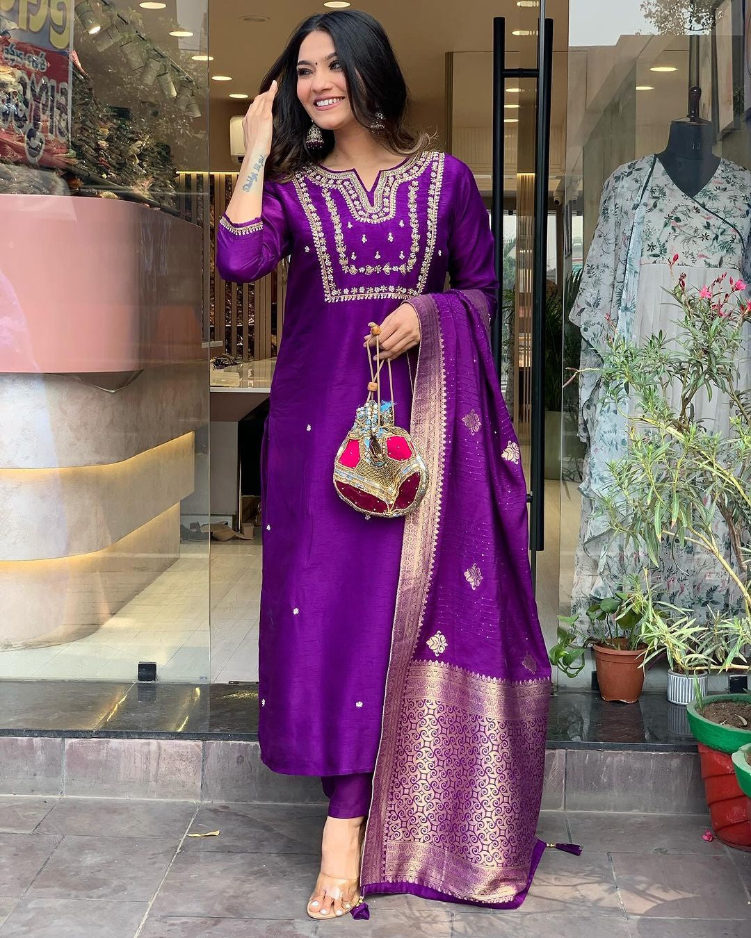 Radiate confidence in this stunning kurti set, adorned with delicate embroidery and paired with a rich, traditional dupatta.