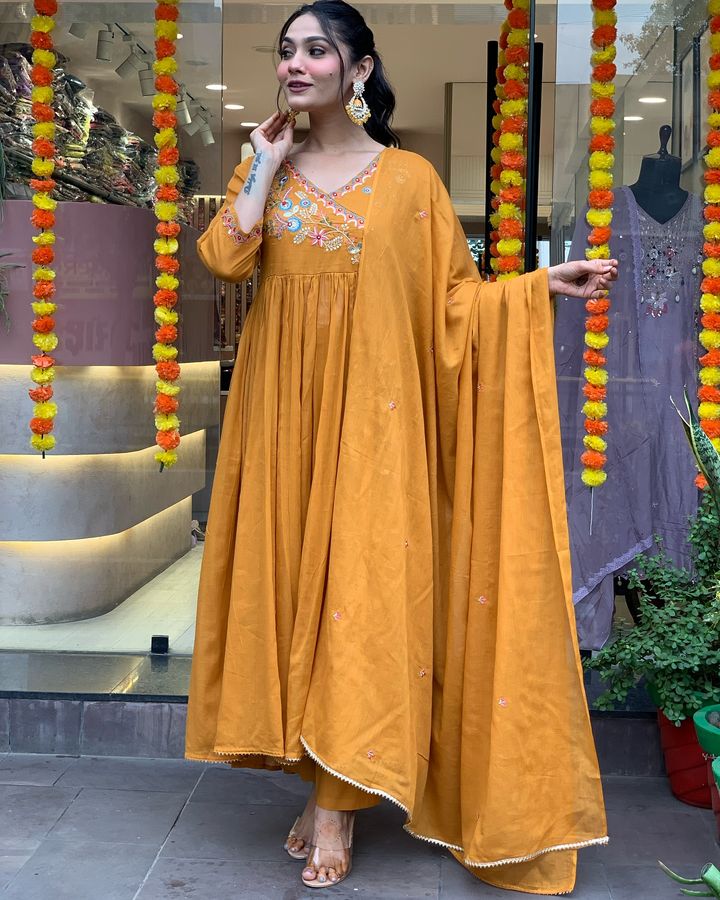 Elevate your ethnic wardrobe with this stunning mustard Anarkali kurta set