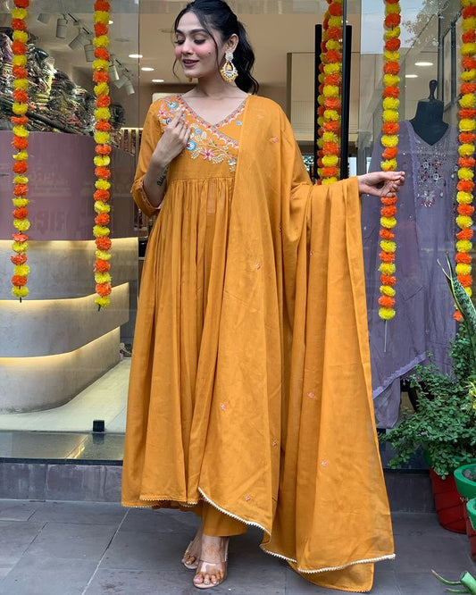 Elevate your ethnic wardrobe with this stunning mustard Anarkali kurta set