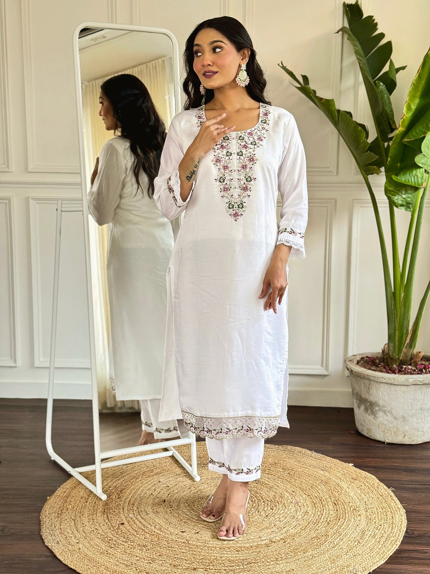 Embrace elegance with this white floral embroidered kurti set, paired with a charming printed dupatta