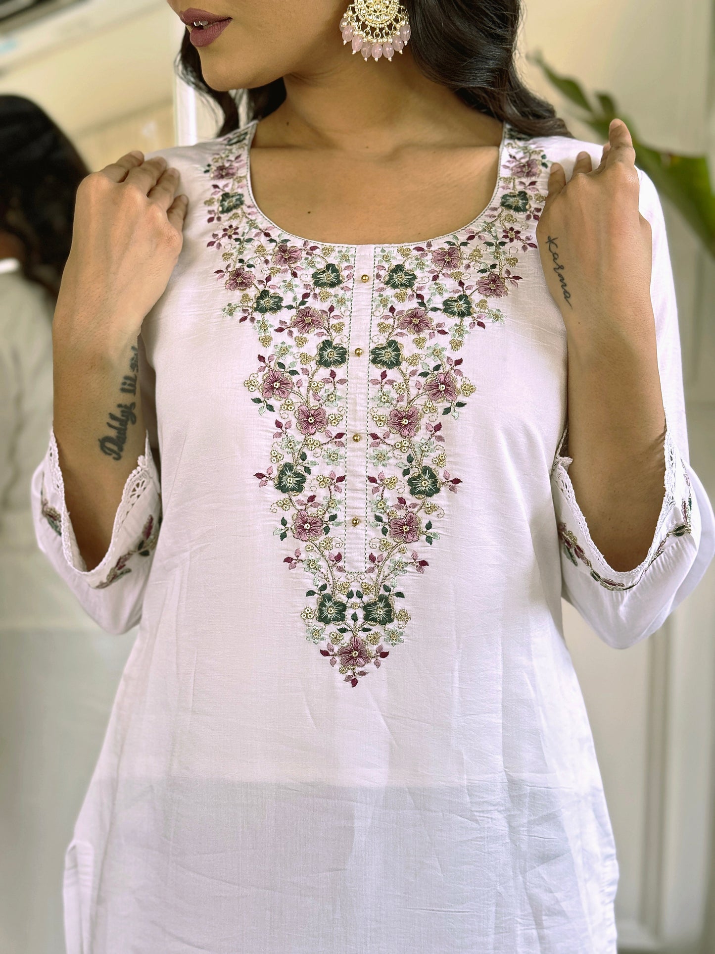 Embrace elegance with this white floral embroidered kurti set, paired with a charming printed dupatta