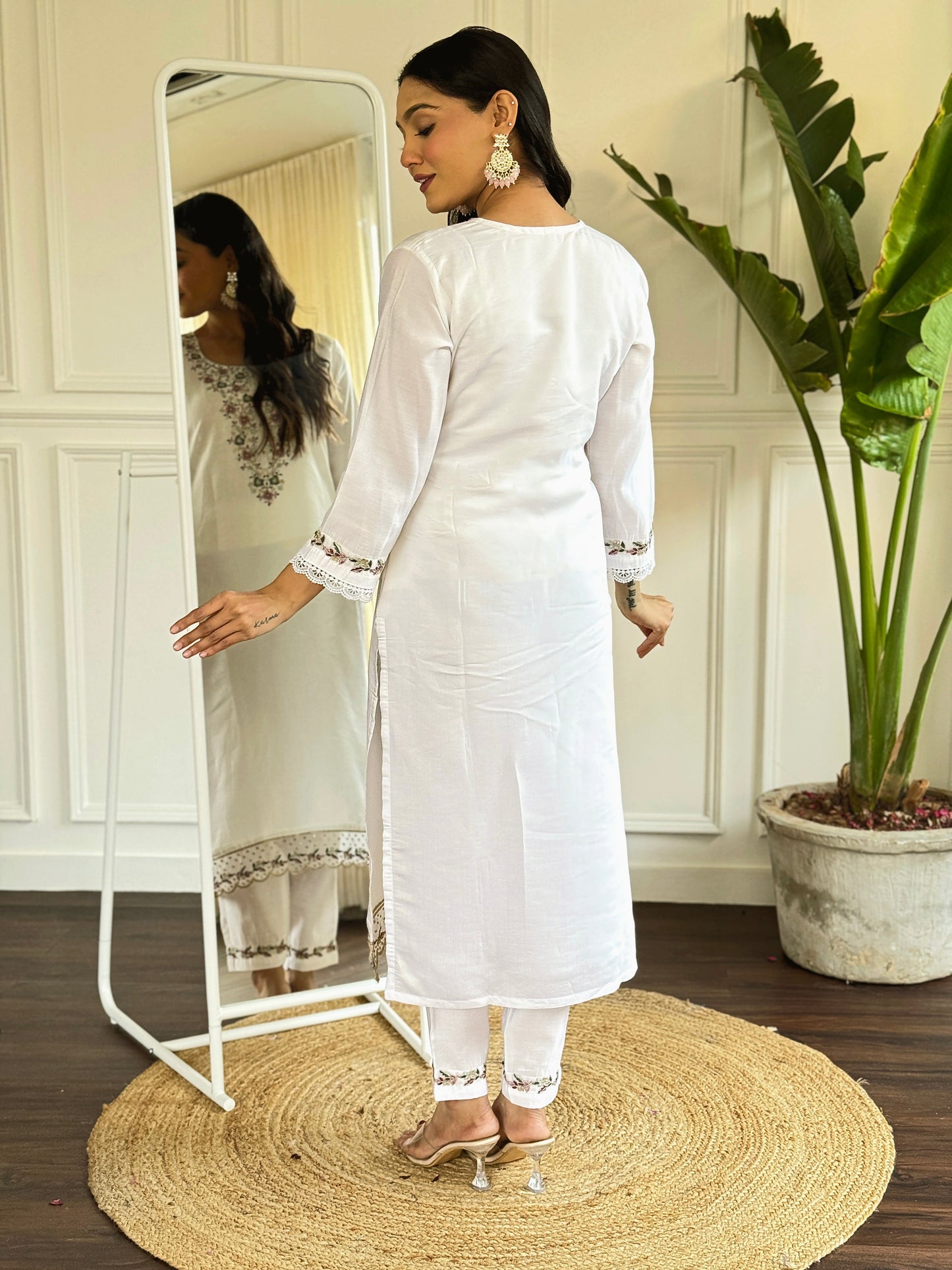 Embrace elegance with this white floral embroidered kurti set, paired with a charming printed dupatta
