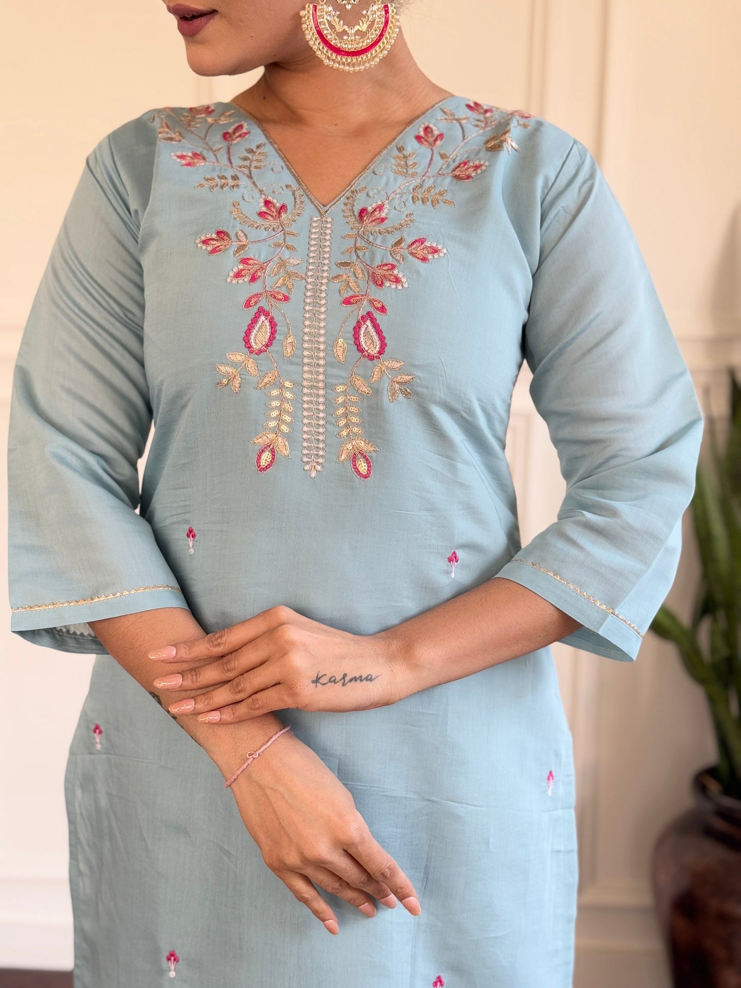 Step into elegance with this pastel blue Kurti set, featuring delicate embroidery and a beautifully printed dupatta
