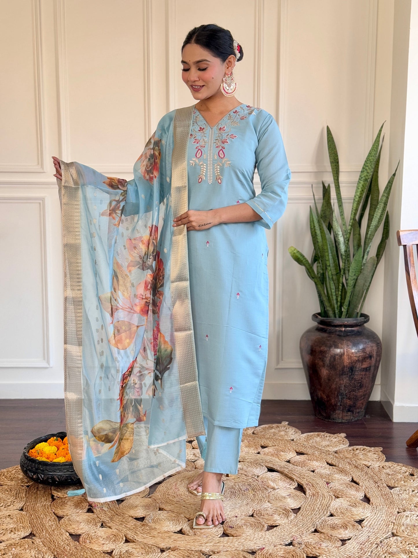Step into elegance with this pastel blue Kurti set, featuring delicate embroidery and a beautifully printed dupatta