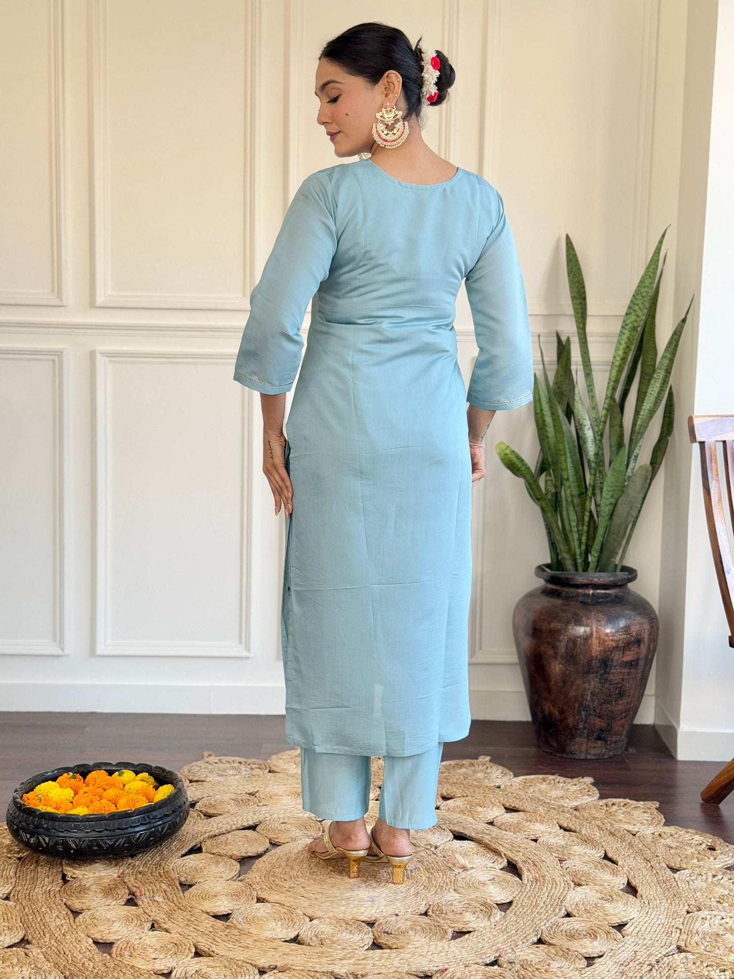 Step into elegance with this pastel blue Kurti set, featuring delicate embroidery and a beautifully printed dupatta